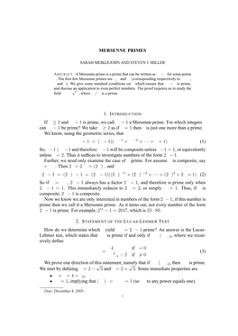 MERSENNE PRIMES If N ≥ 2 and an − 1 Is Prime, We Call an − 1 A