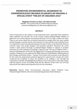 Promoting Environmental Awareness to Underprivileged Children in Jakarta by Holding a Special Event “The Joy of Children 2016”