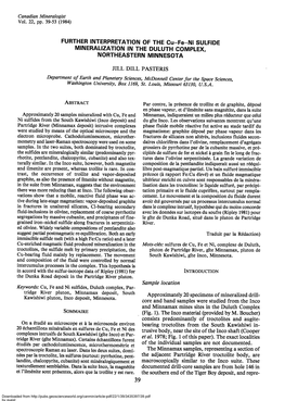 FURTHER INTERPRETATTON of the Gu-Fe-Ni SULFTDE MINERALIZATION in the DULUTH COMPLEX, NORTHEASTERN MINNESOTA JILL DILL PASTERIS