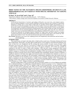 Brief Notes on the Mangrove Species Rhizophora Mucronata Lam