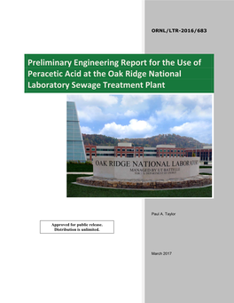 Preliminary Engineering Report for the Use of Peracetic Acid at the Oak Ridge National Laboratory Sewage Treatment Plant