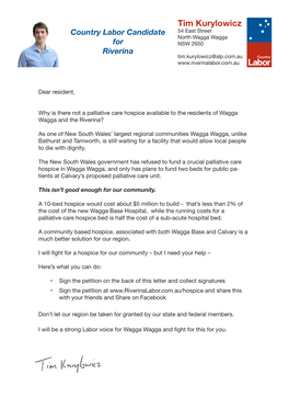 Tim Kurylowicz Country Labor Candidate 54 East Street North Wagga Wagga for NSW 2650 Riverina Tim.Kurylowicz@Alp.Com.Au