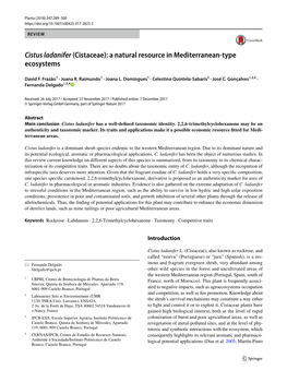 Cistus Ladanifer (Cistaceae): a Natural Resource in Mediterranean-Type