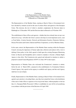 Conclusions of the Representatives of the Member States, Meeting at Head of State Or Government Level in Brussels on 13 December 2003