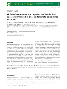 Ophraella Communa, the Ragweed Leaf Beetle, Has Successfully Landed in Europe: Fortunate Coincidence Or Threat?