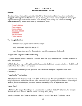 PARALLEL GUIDE 6 the Bible and Biblical Criticism Summary How Do We Know What We Know About the Bible?