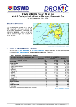 DSWD DROMIC Report #8 on the Ms 6.9 Earthquake Incident in Matanao, Davao Del Sur As of 23 December 2019, 6PM