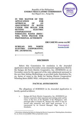 Republic of the Philippines ENERGY REGULATORY COMMISSION San Miguel Ave., Pasig City