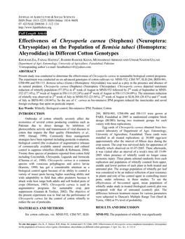 Effectiveness of Chrysoperla Carnea (Stephens) (Neuroptera: Chrysopidae) on the Population of Bemisia Tabaci (Homoptera: Aleyrodidae) in Different Cotton Genotypes