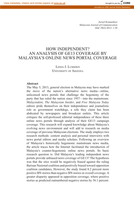 An Analysis of Ge13 Coverage by Malaysia's Online News