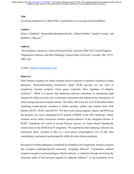 An Ancient Integration in a Plant NLR Is Maintained As a Trans-Species Polymorphism