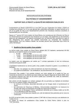 Communauté Urbaine Du Grand Reims CCSPL GR Du 25/11/2020 Pôle Services Urbains Direction De L'eau Et De L'assainissement