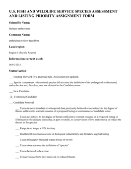 U.S. Fish and Wildlife Service Species Assessment and Listing Priority Assignment Form