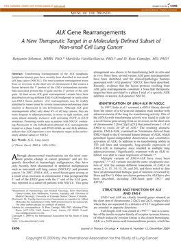 ALK Gene Rearrangements a New Therapeutic Target in a Molecularly Defined Subset of Non-Small Cell Lung Cancer