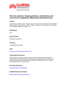 Ongoing Declines, Stabilizations and Recoveries in Amphibians Afflicted by Chytridiomycosis Authors