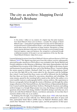 The City As Archive: Mapping David Malouf's Brisbane
