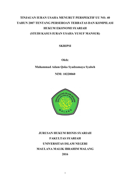 Tinjauan Iuran Usaha Menurut Perspektif Uu No. 40 Tahun 2007 Tentang Perseroan Terbatas Dan Kompilasi Hukum Ekonomi Syariah (Studi Kasus Iuran Usaha Yusuf Mansur)