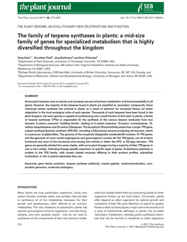 The Family of Terpene Synthases in Plants: a Mid-Size Family of Genes for Specialized Metabolism That Is Highly Diversiﬁed Throughout the Kingdom