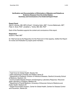 Verification and Documentation of Elimination of Measles and Rubella As Endemic Diseases from the United States: Summary and Conclusions of an External Expert Panel
