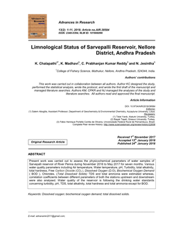 Limnological Status of Sarvepalli Reservoir, Nellore District, Andhra Pradesh