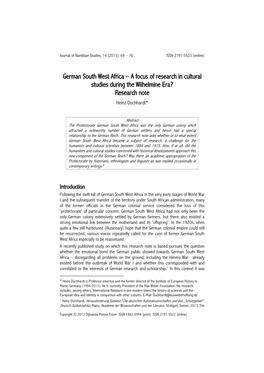 German South West Africa – a Focus of Research in Cultural Studies During the Wilhelmine Era? Research Note Heinz Duchhardt*