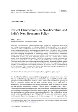 Critical Observations on Neo-Liberalism and India's New