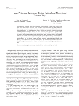 Hope, Pride, and Processing During Optimal and Nonoptimal Times of Day