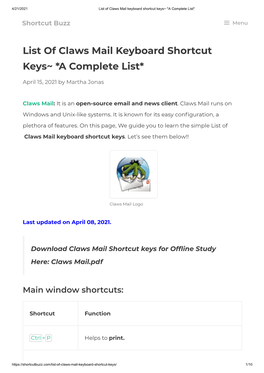 List of Claws Mail Keyboard Shortcut Keys~ *A Complete List*