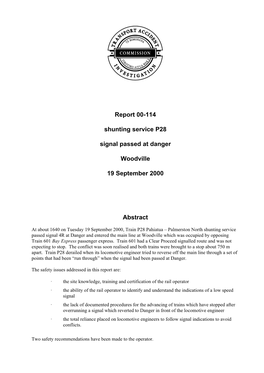 Report 00-114 Shunting Service P28 Signal Passed at Danger Woodville