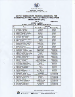 LIST of ELEMENTARY TEACHER APPLICANTS for DEMONSTRATION TEACHING and BEHAVIORAL EVENT INTERVIEWING (Bel)