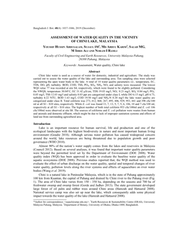 Assessment of Water Quality in the Vicinity of Chini Lake, Malaysia