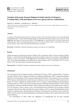 Zootaxa, Synopsis of the Genus Sangaris Dalman in South America