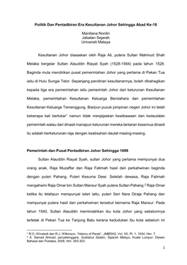 Politik Dan Pentadbiran Era Kesultanan Johor Sehingga Abad Ke-18