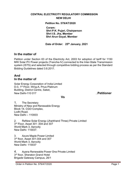 Petition Under Section 63 of the Electricity Act, 2003 for Adoption of Tariff for 1150 MW