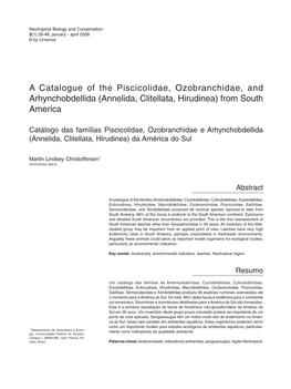 A Catalogue of the Piscicolidae, Ozobranchidae, and Arhynchobdellida (Annelida, Clitellata, Hirudinea) from South America