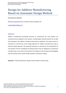 Design for Additive Manufacturing Based on Axiomatic Design Method