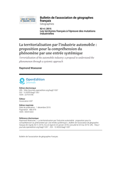 La Territorialisation Par L'industrie Automobile
