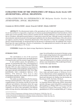 ULTRASTRUCTURE of the SPERMATHECA of Melipona Bicolor Bicolor LEP