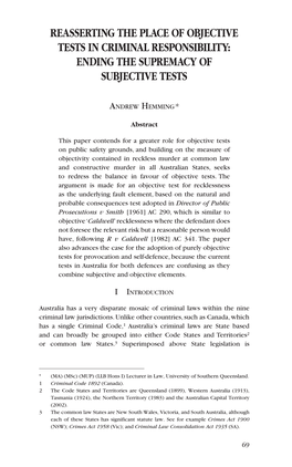 Reasserting the Place of Objective Tests in Criminal Responsibility: Ending the Supremacy of Subjective Tests