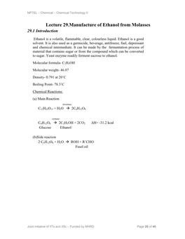 Lecture 29.Manufacture of Ethanol from Molasses 29.1 Introduction