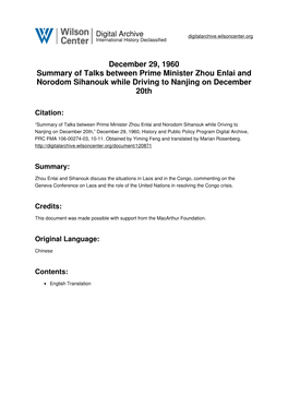 December 29, 1960 Summary of Talks Between Prime Minister Zhou Enlai and Norodom Sihanouk While Driving to Nanjing on December 20Th