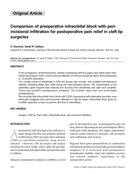Incisional Infiltration for Postoperative Pain Relief in Cleft Lip Surgeries