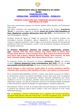 Ambasciata Della Repubblica Di Cipro Roma Comunicato Per: Operatori - Agenzie Di Viaggi - Pubblico