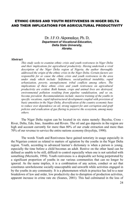 3. Ethnic Crisis and Youth Restiveness in Niger Delta and Their Implications for Agricultural Productivity