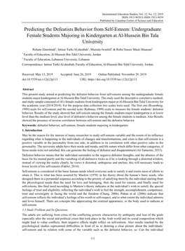 Predicting the Defeatists Behavior from Self-Esteem: Undergraduate Female Students Majoring in Kindergarten at Al-Hussein Bin Tala University