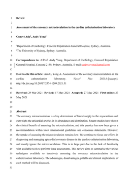 Review Assessment of the Coronary Microcirculation in the Cardiac Catheterisation Laboratory Cuneyt Ada 1, Andy Yong 1Department