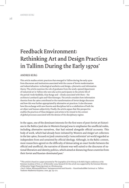 Feedback Environment: Rethinking Art and Design Practices in Tallinn During the Early 1970S*