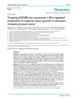 Theranostics Targeting KDM4B That Coactivates C-Myc-Regulated Metabolism to Suppress Tumor Growth in Castration- Resistant Prost