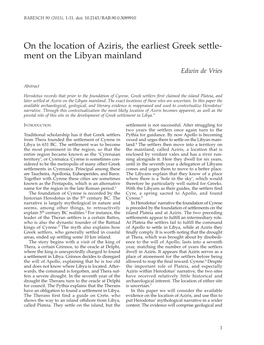 On the Location of Aziris, the Earliest Greek Settle- Ment on the Libyan Mainland