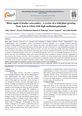 Bitter Apple (Citrullus Colocynthis) - a Review of a Wild Plant Growing from Asia to Africa with High Medicinal Potentials